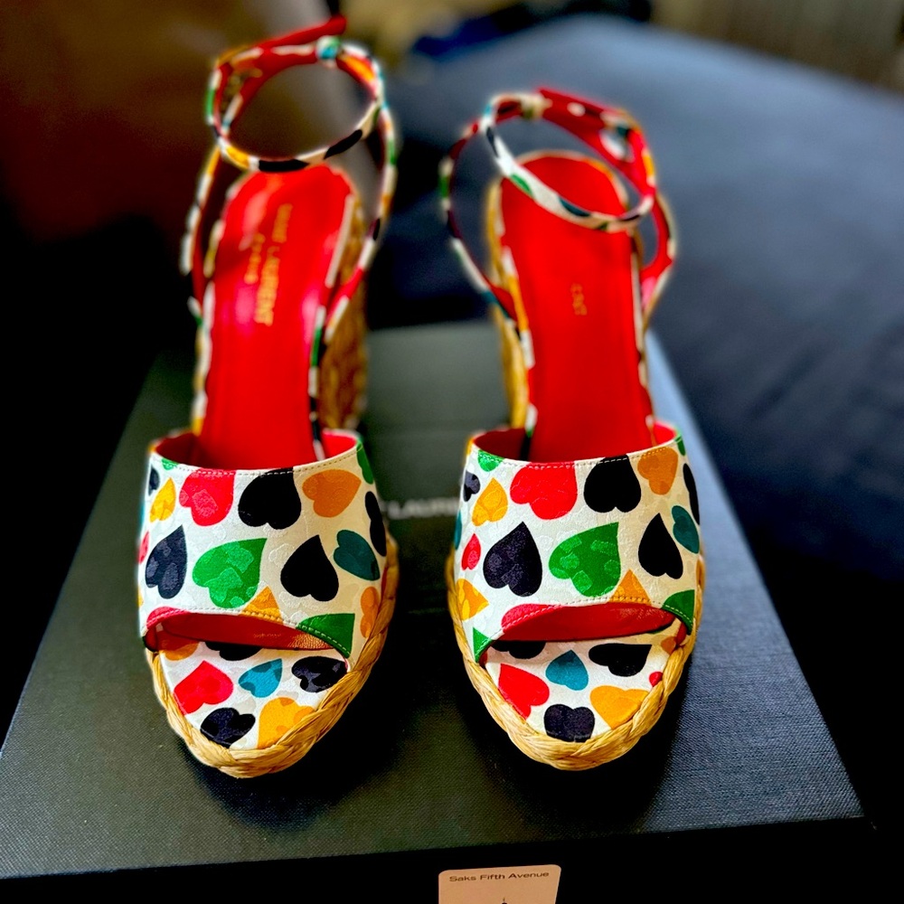 YSL (Yves Saint Laurent) colorful heart wedge heel peep toe